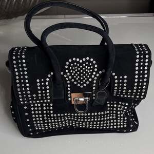 CHARM & LUCK Black Suede Crystal Embroidered Heart Satchel Bag NEW